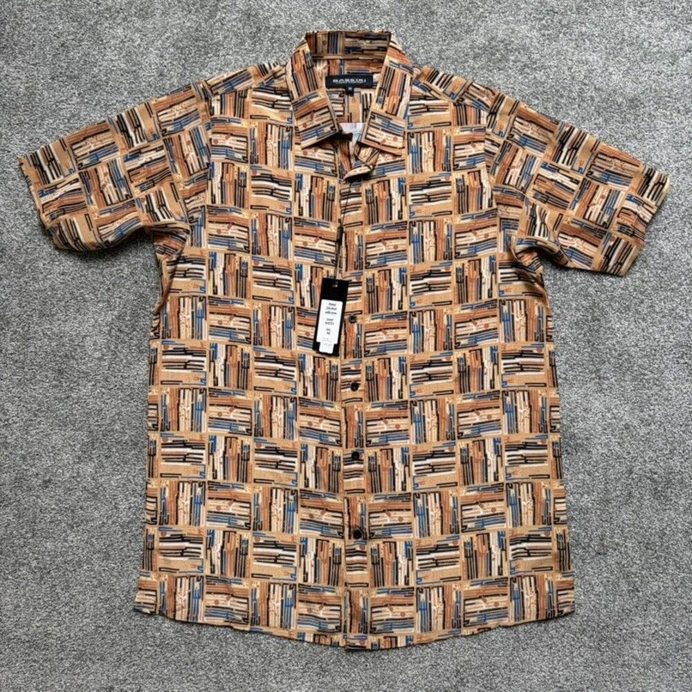 Bassiri Uomo Mens Button Up Shirt Medium Tan Abstract Pattern Short Sleeve NWT